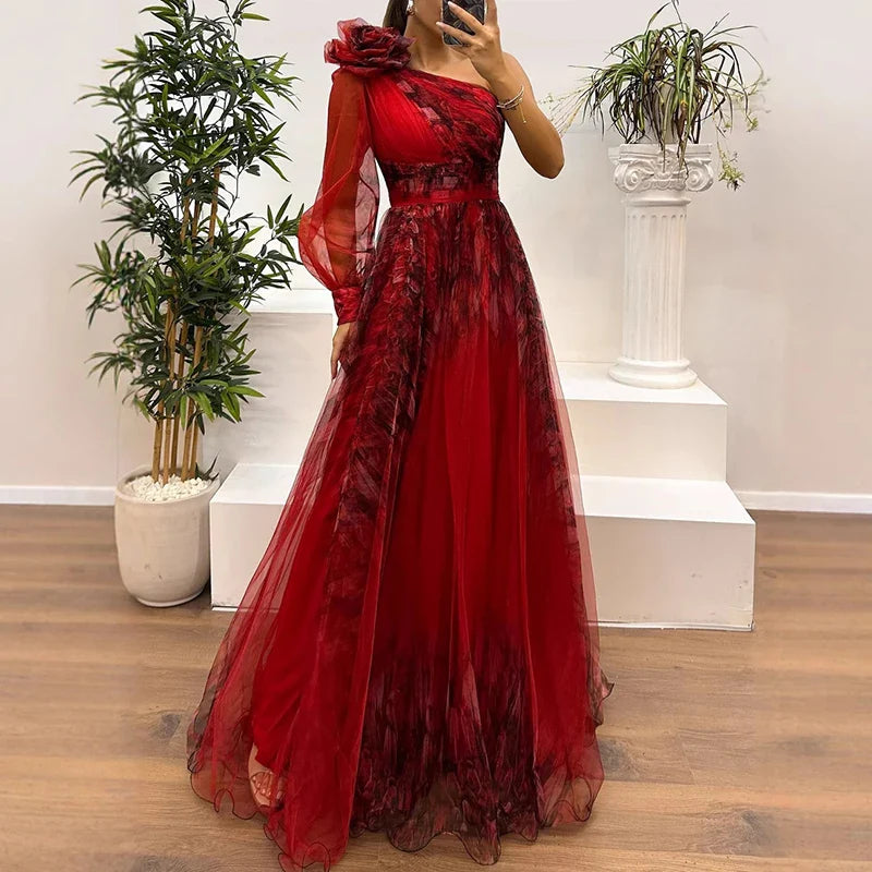 Judith | Trendy One Shoulder Mesh Print Maxi Dress