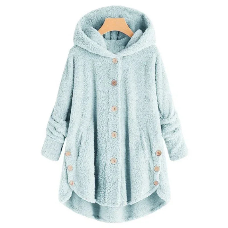 Elara | Plush Button-Up Hooded Coat