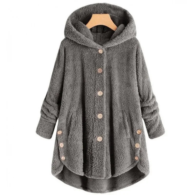 Elara | Plush Button-Up Hooded Coat