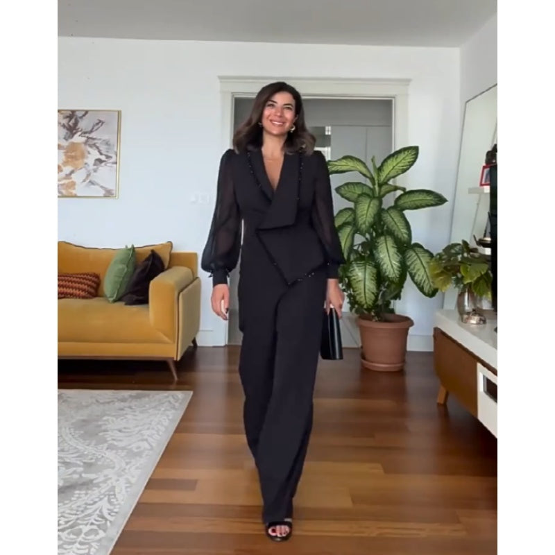 Asymmetric Design Suit with Lapel Collar