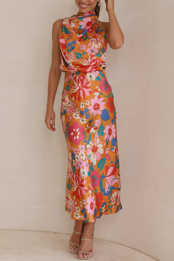 Vaena | Fascinating Day Floral Halter Neck Elastic Waist Maxi Dress