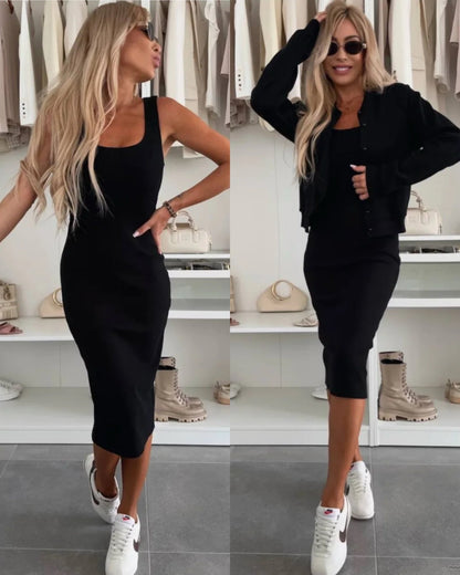Karin™ | Ribbed Midi Dress & Bomber Jacket Set