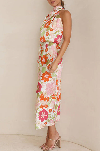 Vaena | Fascinating Day Floral Halter Neck Elastic Waist Maxi Dress