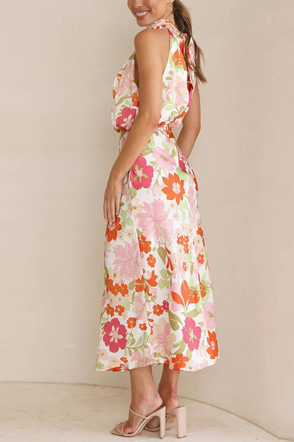 Vaena | Fascinating Day Floral Halter Neck Elastic Waist Maxi Dress