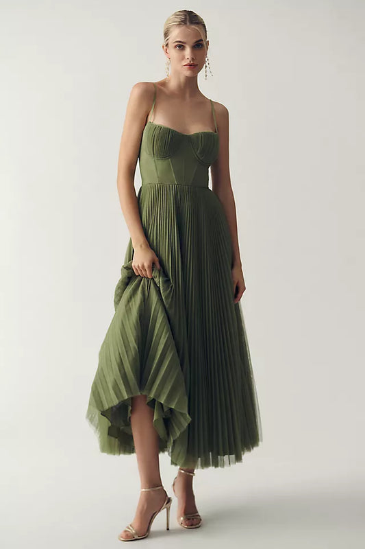 Bustier Pleated Tulle Fit | Flare Midi Dress