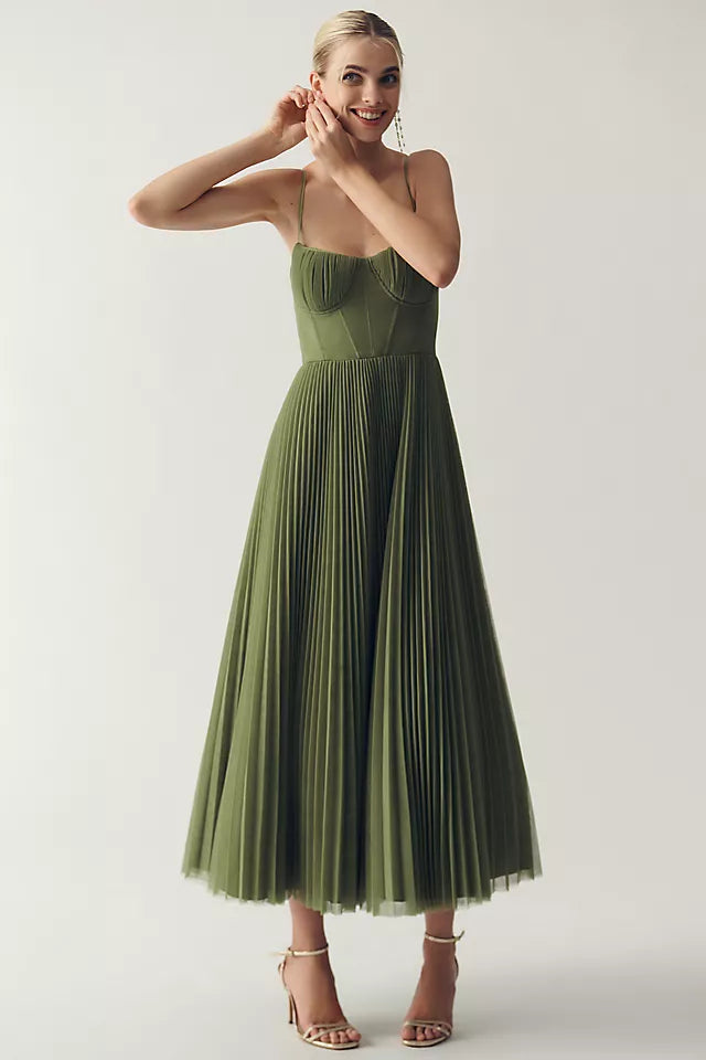Bustier Pleated Tulle Fit | Flare Midi Dress