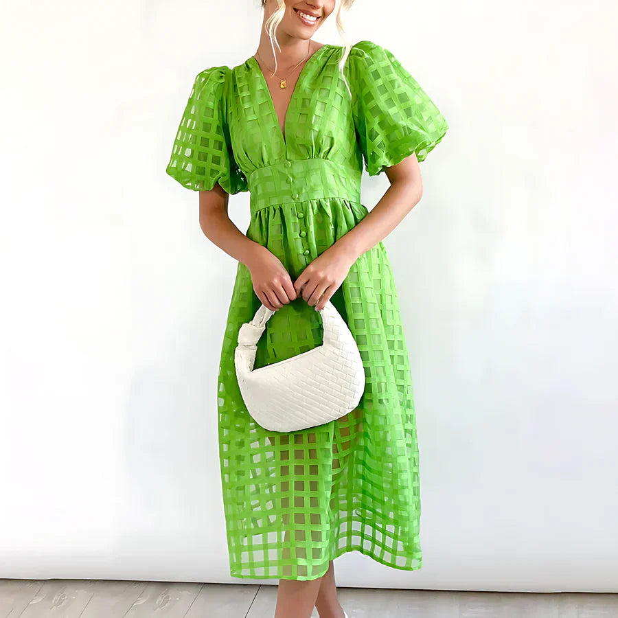 Cindy | Classic Patterned Puff Sleeve Midi Dress