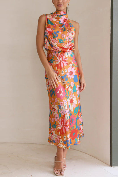 Vaena | Fascinating Day Floral Halter Neck Elastic Waist Maxi Dress