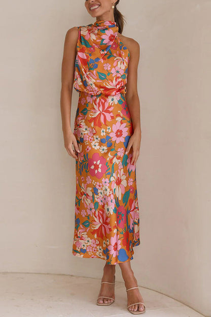 Vaena | Fascinating Day Floral Halter Neck Elastic Waist Maxi Dress