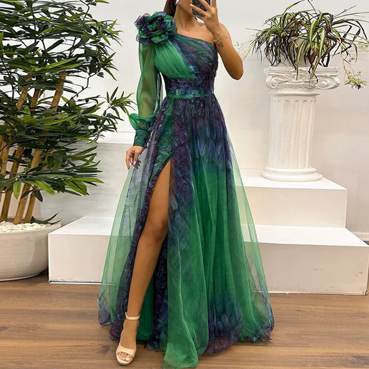 Judith | Trendy One Shoulder Mesh Print Maxi Dress