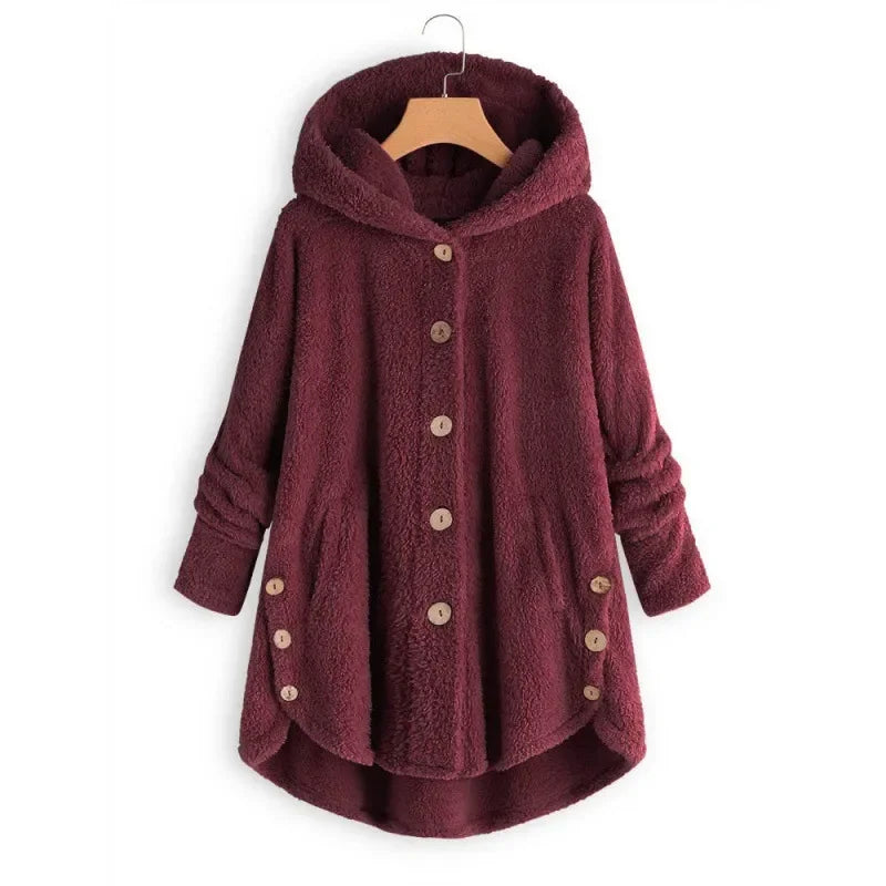 Elara | Plush Button-Up Hooded Coat