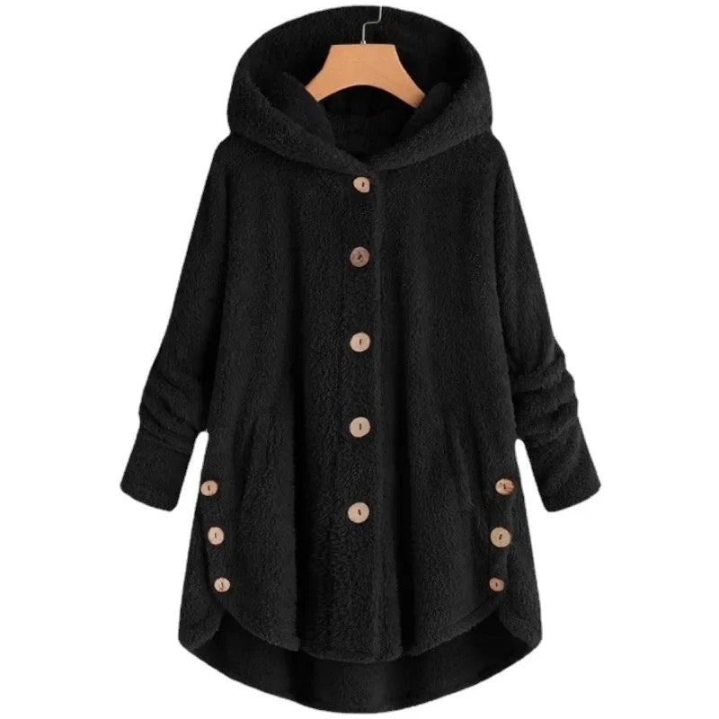 Elara | Plush Button-Up Hooded Coat