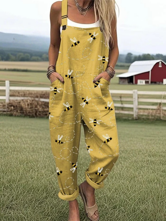 Women's Flying Bees Embroidery Pattern Casual Wide Leg Jumpsuit