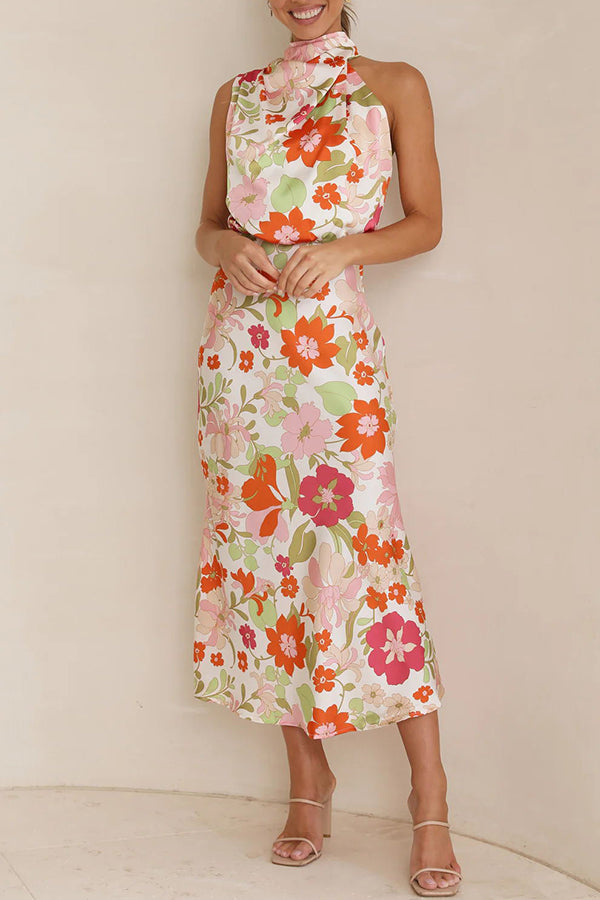 Vaena | Fascinating Day Floral Halter Neck Elastic Waist Maxi Dress