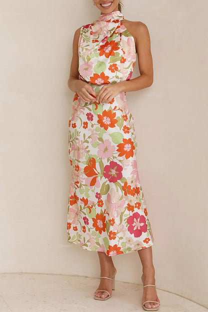 Vaena | Fascinating Day Floral Halter Neck Elastic Waist Maxi Dress