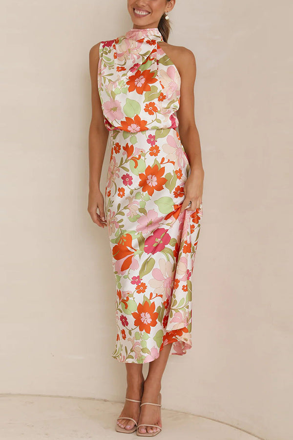 Vaena | Fascinating Day Floral Halter Neck Elastic Waist Maxi Dress