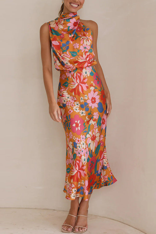 Vaena | Fascinating Day Floral Halter Neck Elastic Waist Maxi Dress