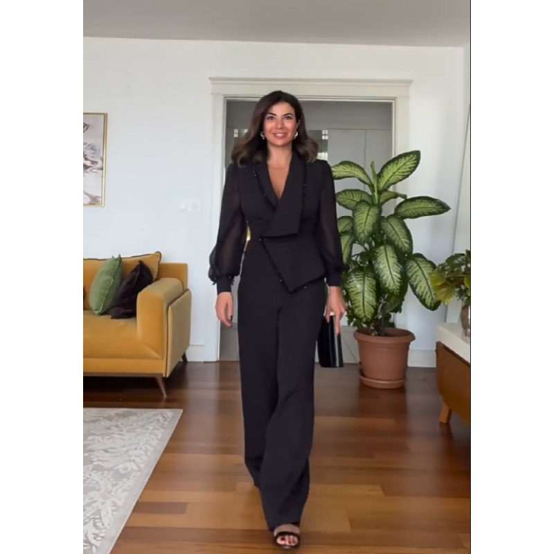 Asymmetric Design Suit with Lapel Collar