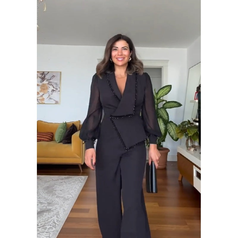 Asymmetric Design Suit with Lapel Collar