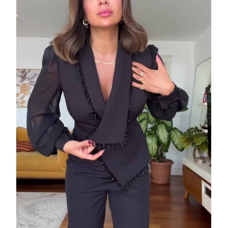 Asymmetric Design Suit with Lapel Collar