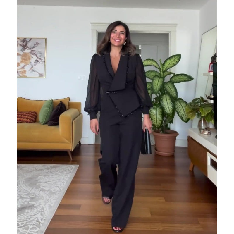 Asymmetric Design Suit with Lapel Collar