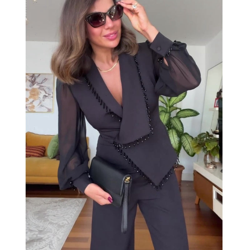 Asymmetric Design Suit with Lapel Collar