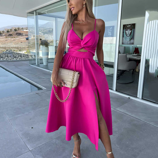 Elegant Spaghetti Strap Midi Dress with High Slit