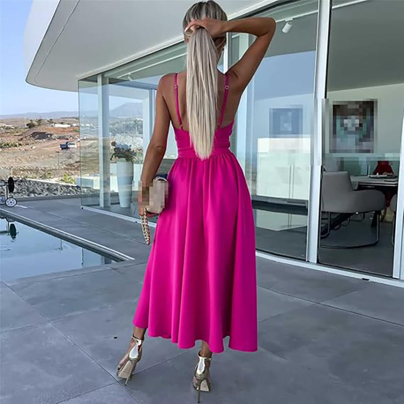 Elegant Spaghetti Strap Midi Dress with High Slit