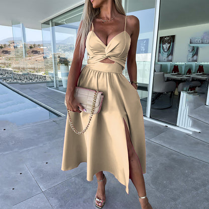 Elegant Spaghetti Strap Midi Dress with High Slit