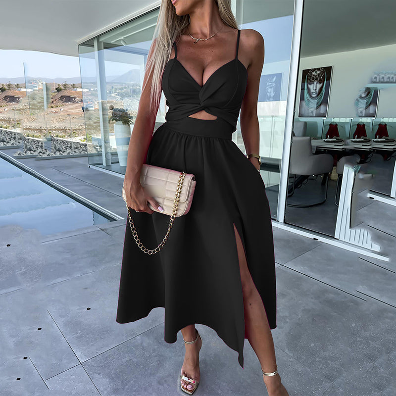 Elegant Spaghetti Strap Midi Dress with High Slit