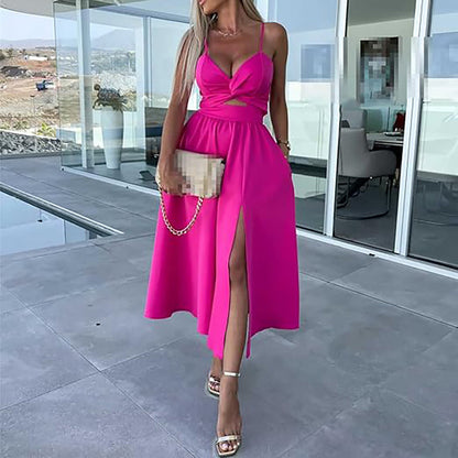Elegant Spaghetti Strap Midi Dress with High Slit